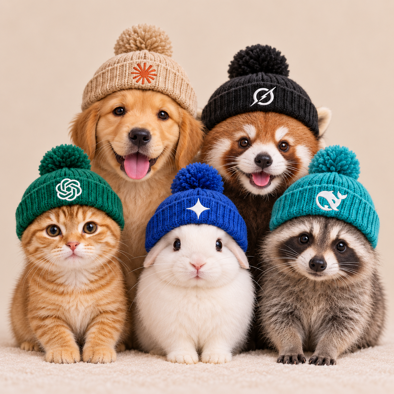Friends AI animal characters wearing colorful knit hats